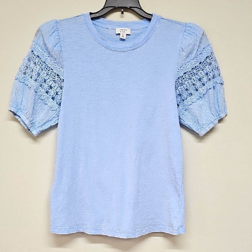 Crown & Ivy Crew Neck, Lace Sleeve, Knit Tee, 100% Cotton, Blue, XS